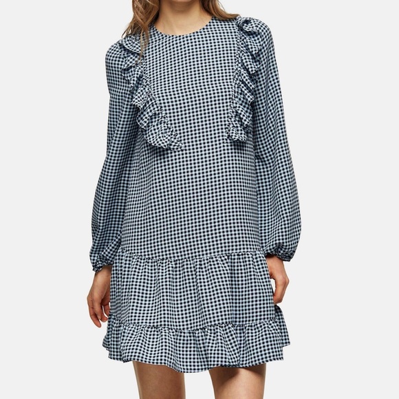 TOPSHOP Gingham Ruffle Mini Black Blue Tiered Dress - Picture 8 of 8